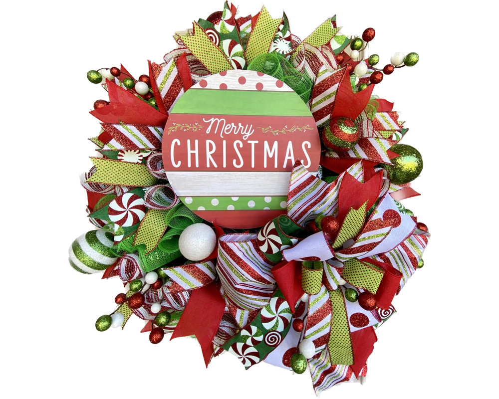 Whimsical Christmas Wreath for Front Door, Red and Lime Christmas Decoration, Me